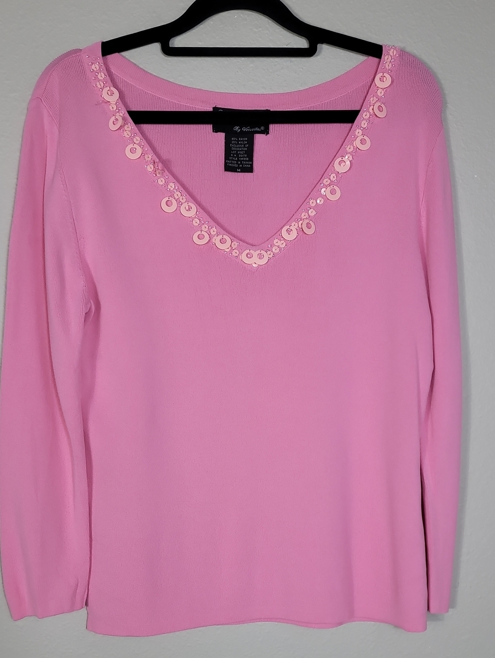 Vintage Studio V Pink Ribbed Sequin V-Neck Sweater Size Medium